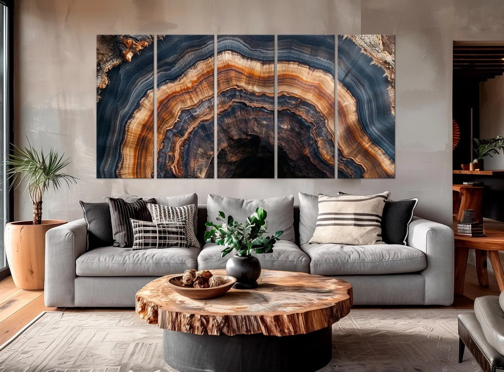 Tree Ring Canvas wall art Abstract Wood print Modern Farmhouse Decor Blue Living room wall art Wood Large