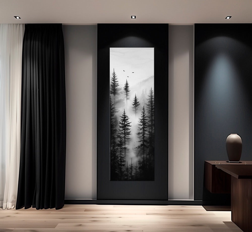 Foggy Forest Canvas print Tall narrow wall art Forest painting Black White Print Long Vertical Artwork Forest