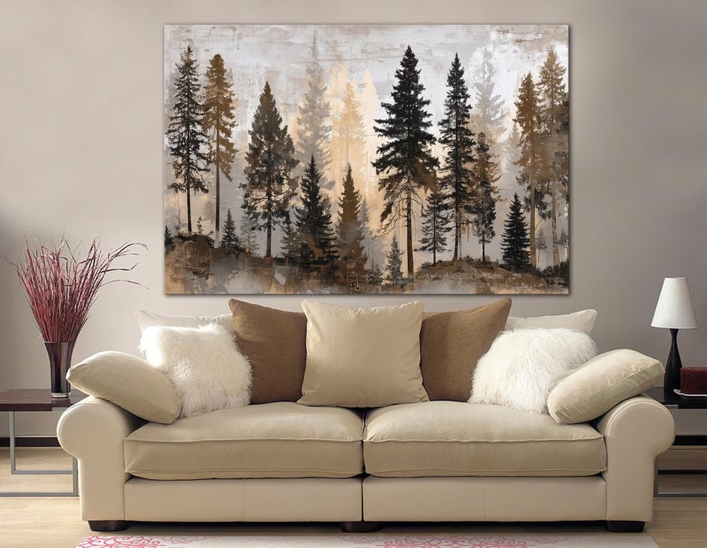 Moody forest large canvas wall art print Apartment decor Pine trees print Landscape minimalist art prints