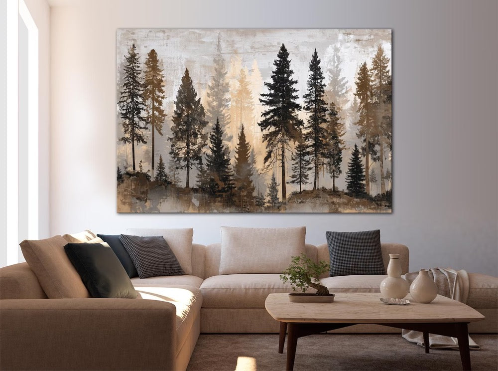 Moody forest large canvas wall art print Apartment decor Pine trees print Landscape minimalist art prints