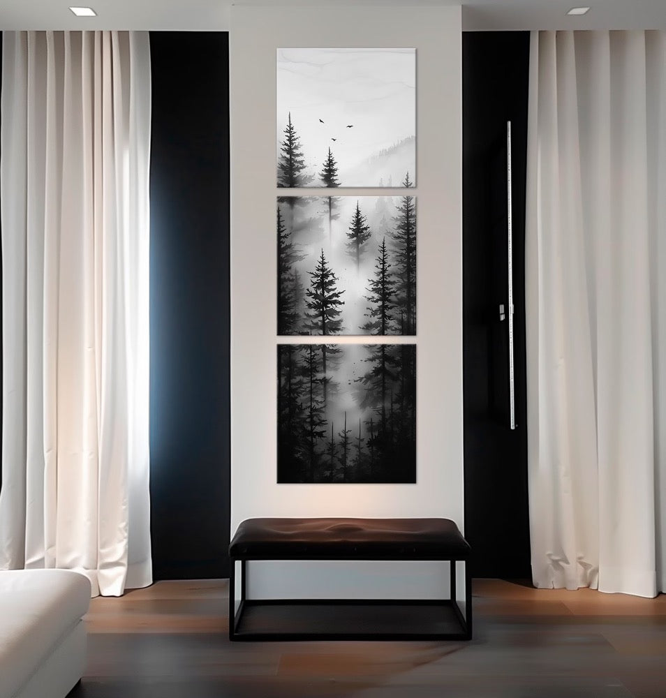 Foggy Forest Canvas print Tall narrow wall art Forest painting Black White Print Long Vertical Artwork Forest