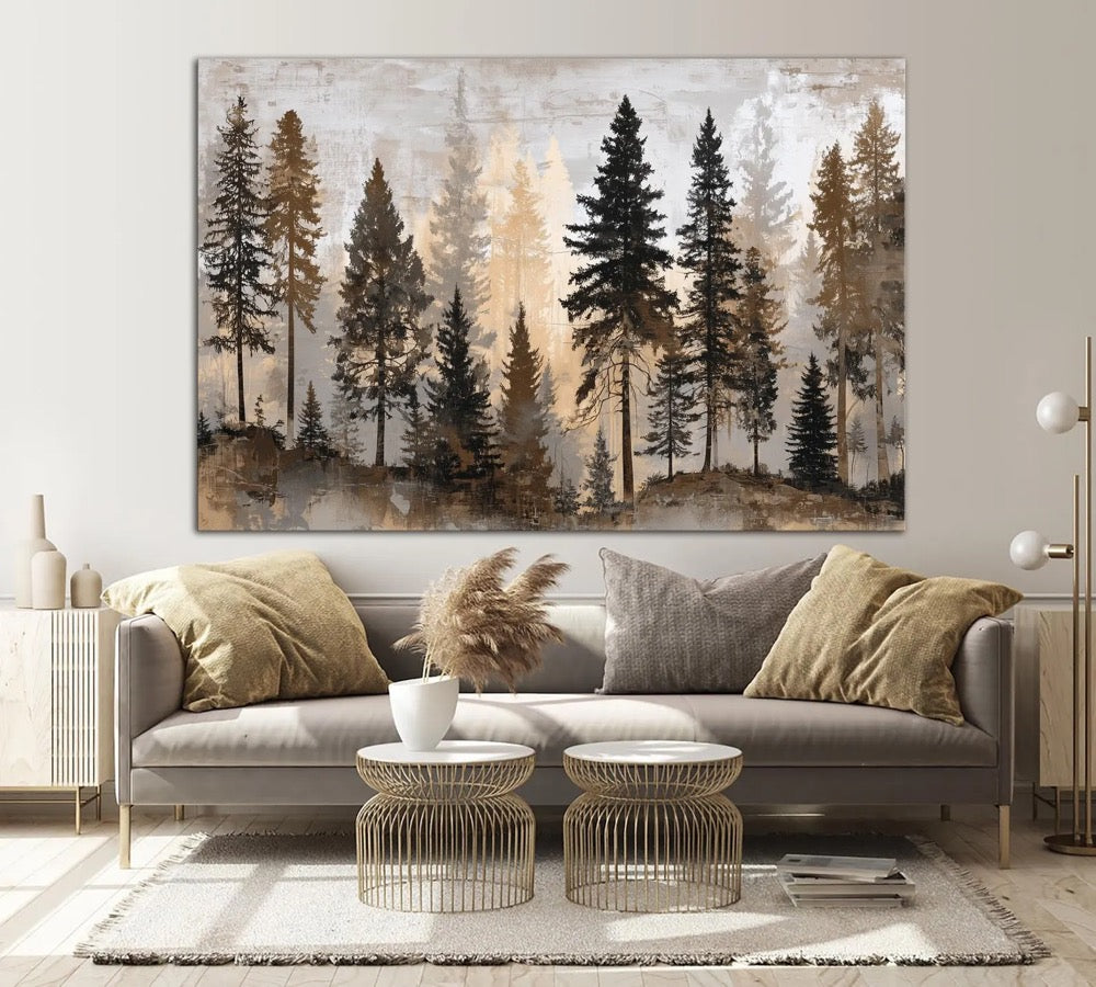 Moody forest large canvas wall art print Apartment decor Pine trees print Landscape minimalist art prints