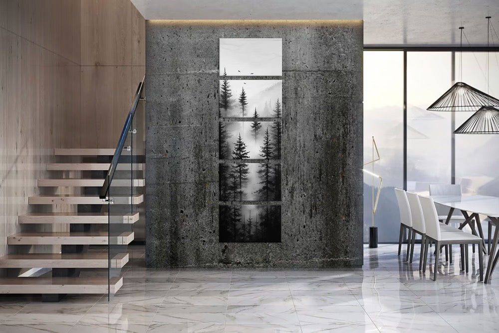 Foggy Forest Canvas print Tall narrow wall art Forest painting Black White Print Long Vertical Artwork Forest