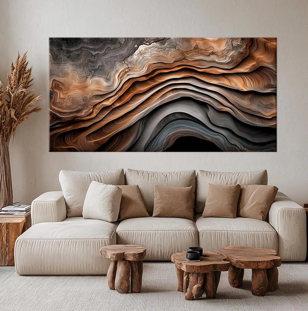 Abstract waves canvas wall art Natural Wood Texture painting print Rustic wall decor Large art Elegant